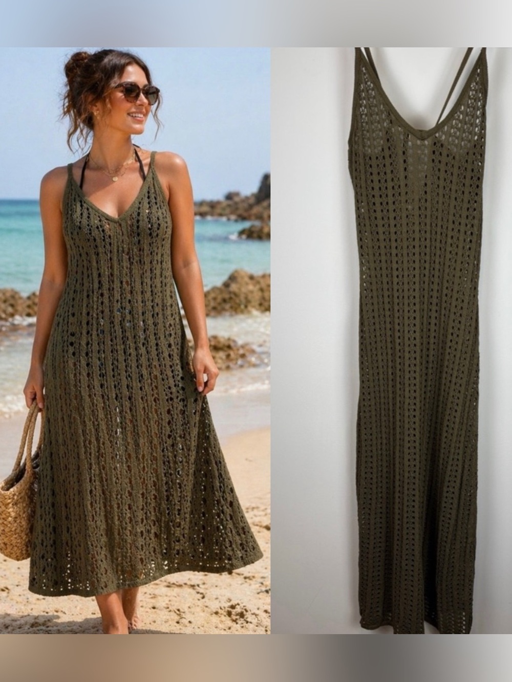 NWT Rita Ora Primark Crochet Maxi Dress Olive Green Beach Cover Up Stretchy 18